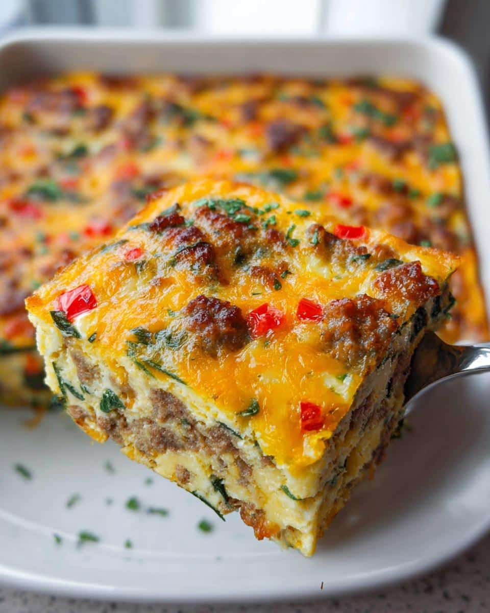 A spatula lifts a thick, cheesy slice of Gluten-Free Breakfast Casserole topped with sausage and red peppers.