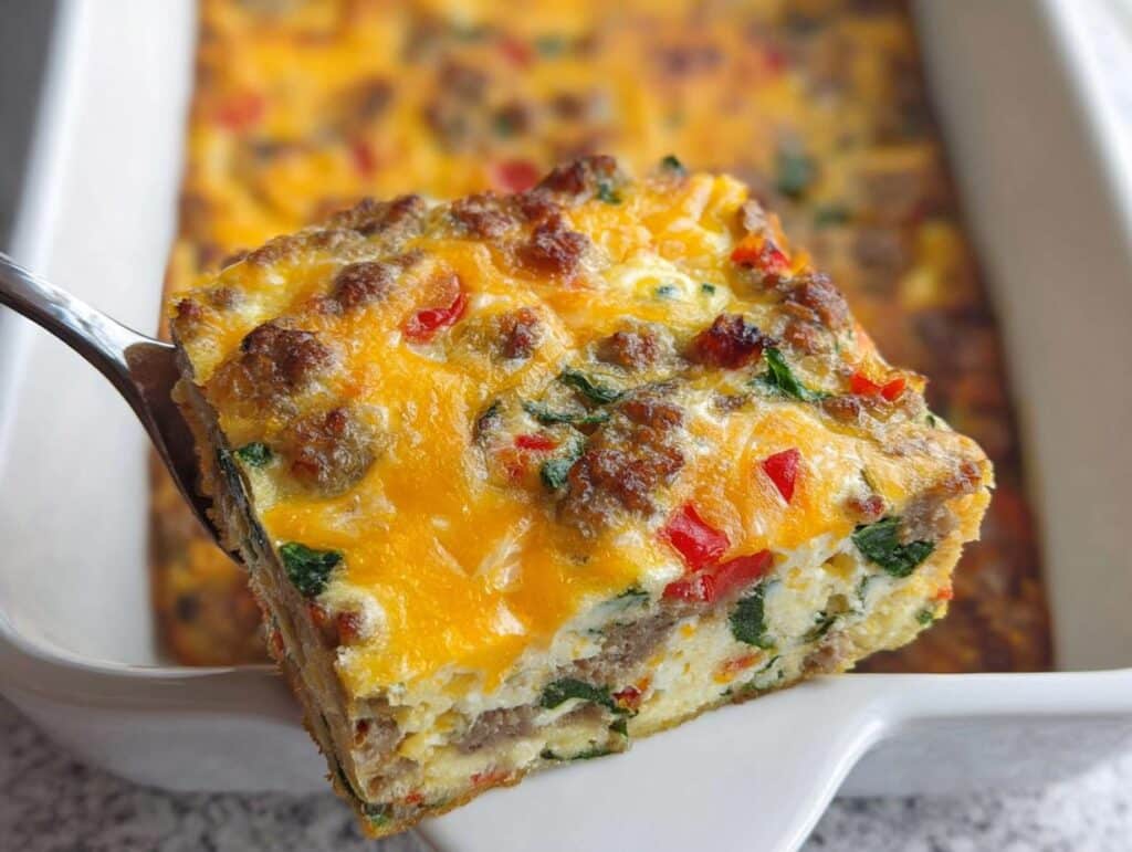 Close-up of a square slice of Gluten-Free Breakfast Casserole being lifted from a white baking dish.
