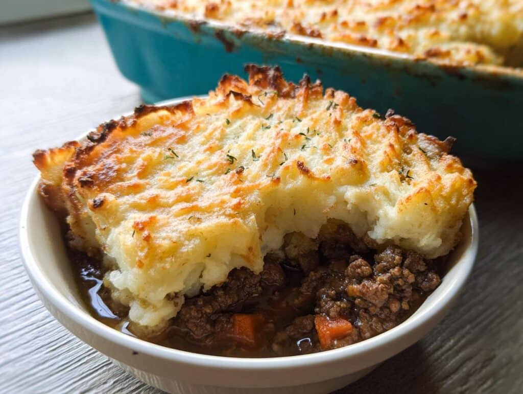 A close-up of a serving of Gluten-Free Shepherd’s Pie in a white bowl, showing rich meat filling and a browned mashed potato topping.