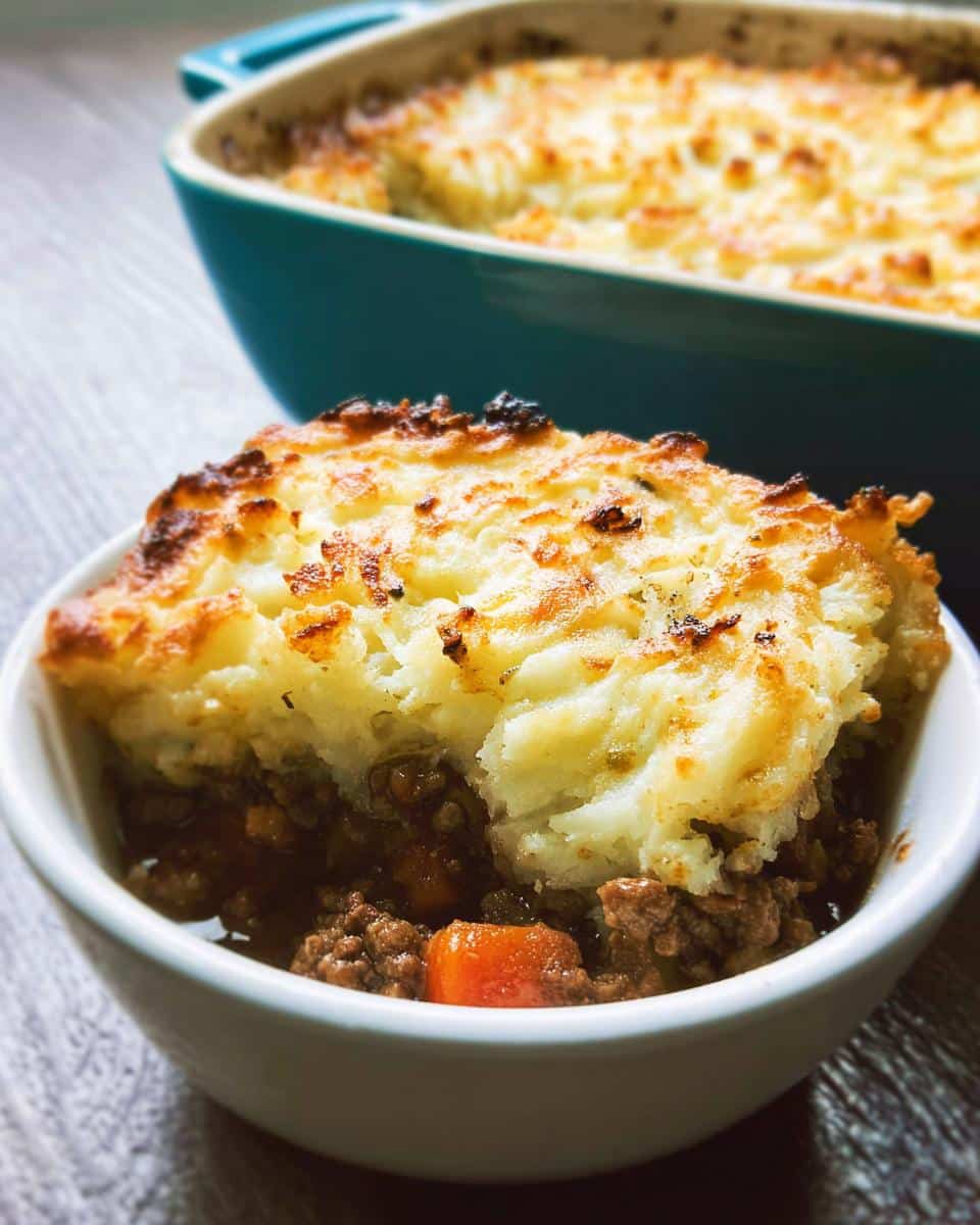 A close-up of a serving of Gluten-Free Shepherd’s Pie in a white bowl, showing the rich meat base and browned mashed potato topping.