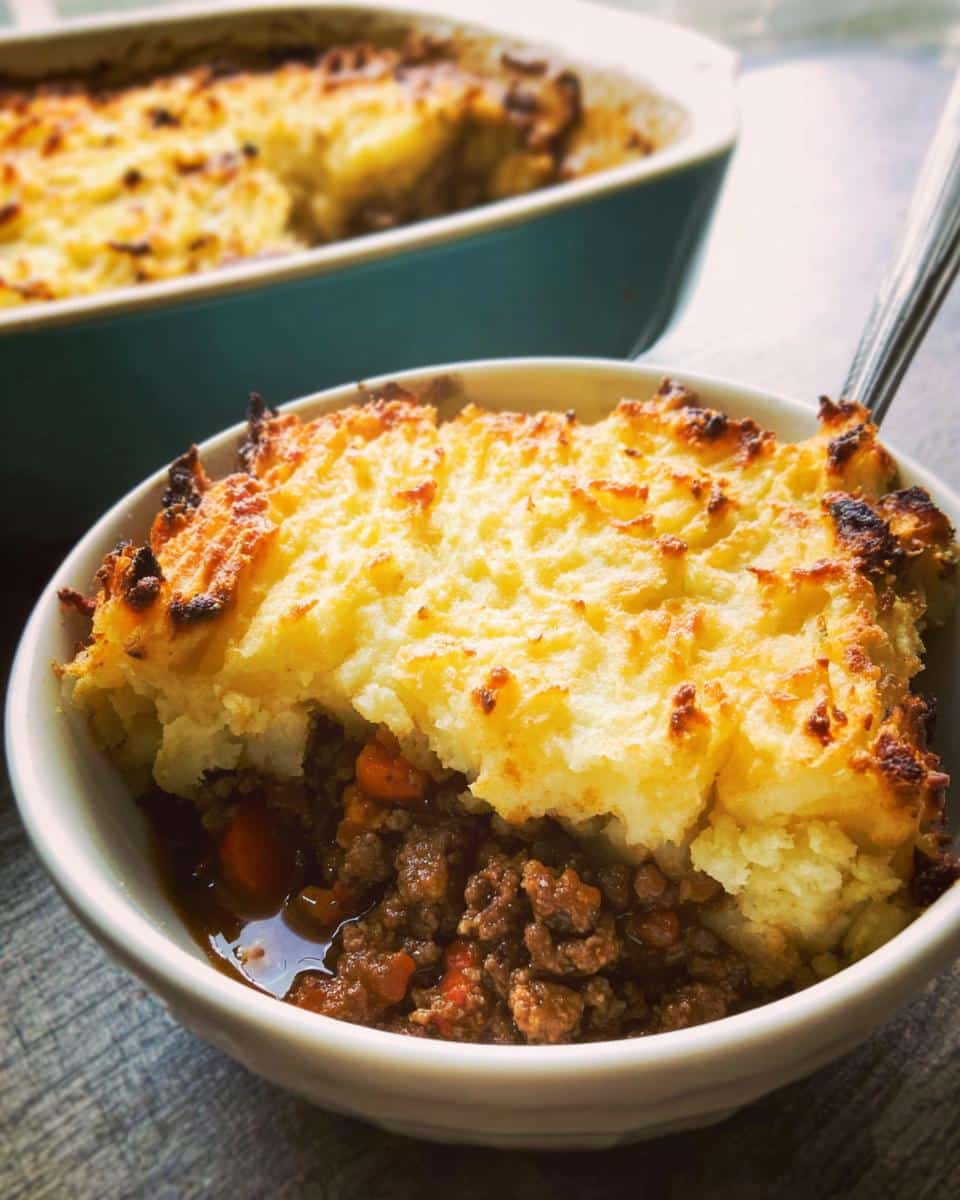 A close-up serving of Gluten-Free Shepherd’s Pie in a white bowl, showing browned mashed potato topping over savory meat filling.