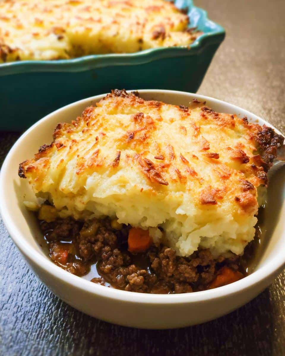 A close-up serving of Gluten-Free Shepherd’s Pie in a white bowl, showing browned mashed potato topping over savory ground meat filling.