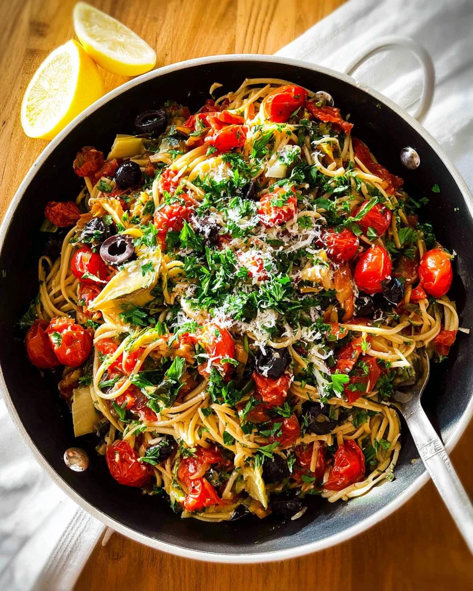 A pan filled with Mediterranean Veggie Pasta featuring spaghetti, roasted tomatoes, olives, artichoke hearts, and fresh parsley.