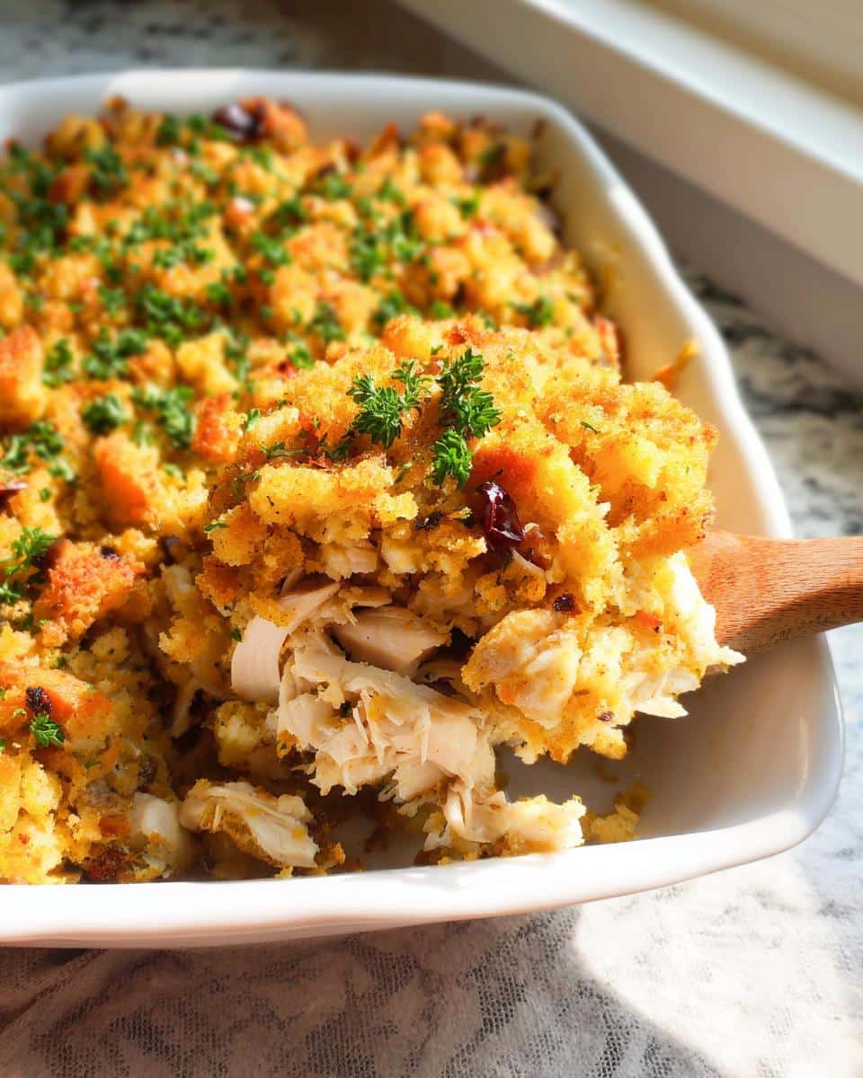 A wooden spoon lifts a portion of moist shredded chicken and crispy topping from the Rotisserie Chicken Stuffing Bake.