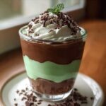 Close-up of Shamrock Shake Pudding Cups layered with mint and chocolate pudding, topped with whipped cream and chocolate shavings.