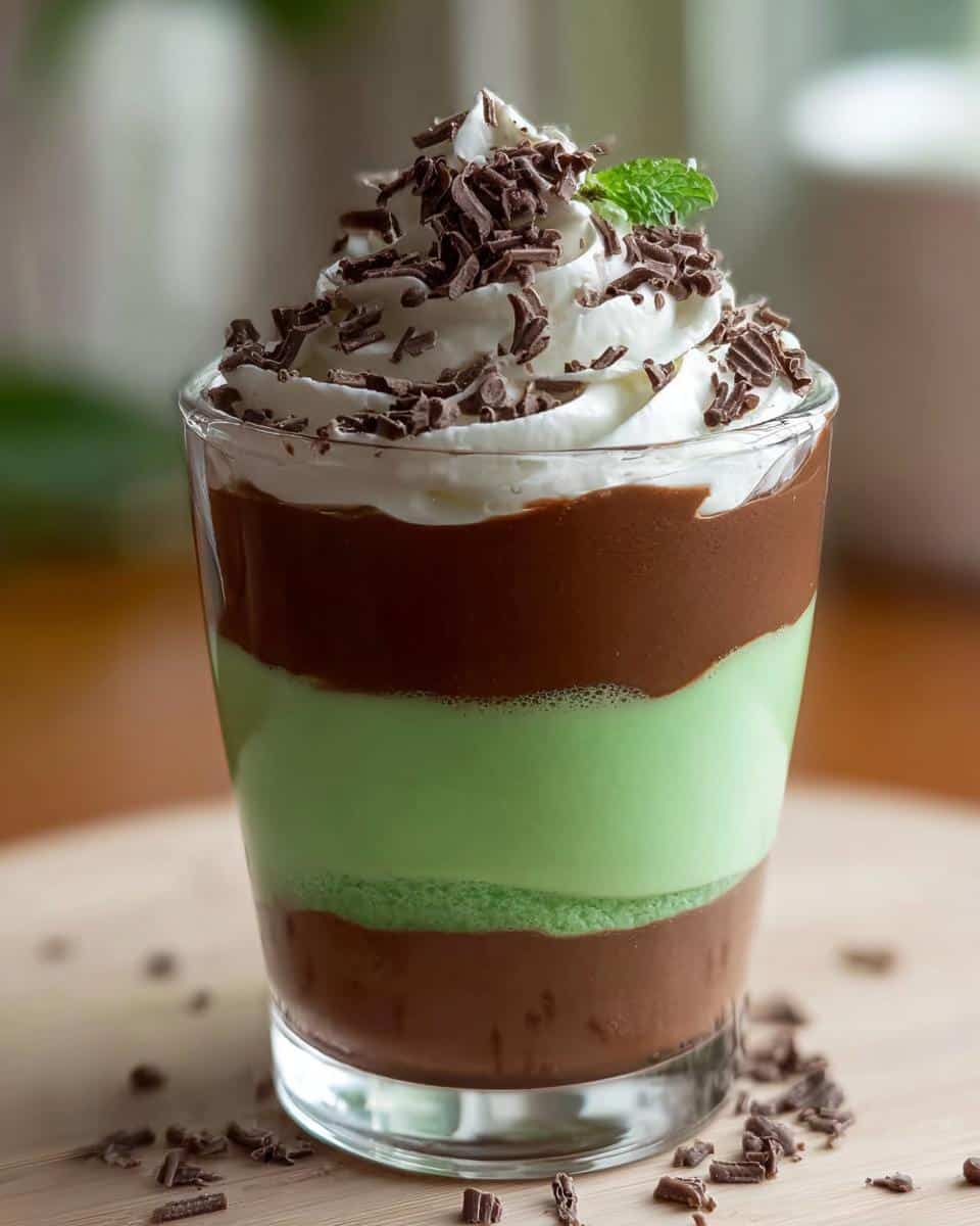 Close-up of Shamrock Shake Pudding Cups layered with chocolate and mint pudding, topped with whipped cream and chocolate shavings.