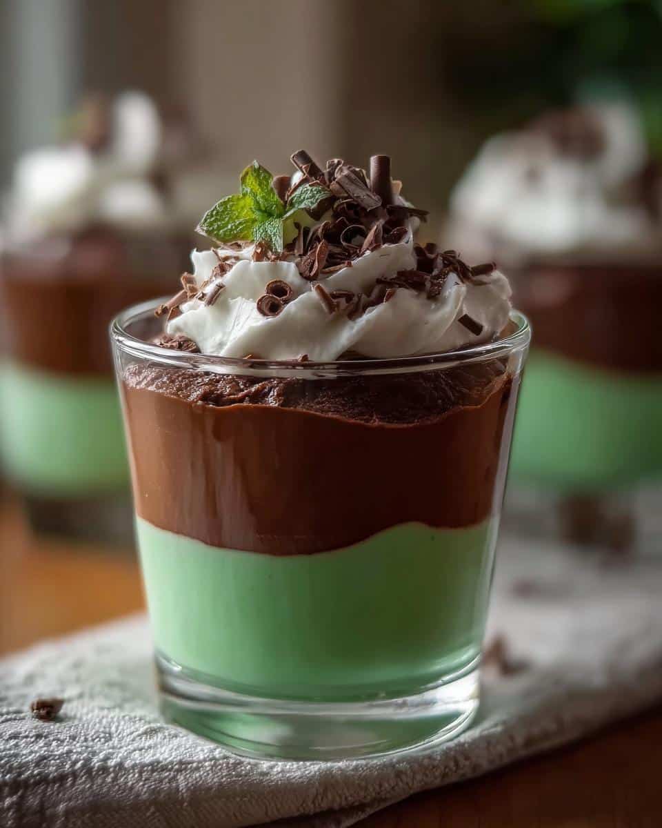 A close-up of one of the Shamrock Shake Pudding Cups, featuring mint green pudding, chocolate pudding, whipped cream, and chocolate shavings.