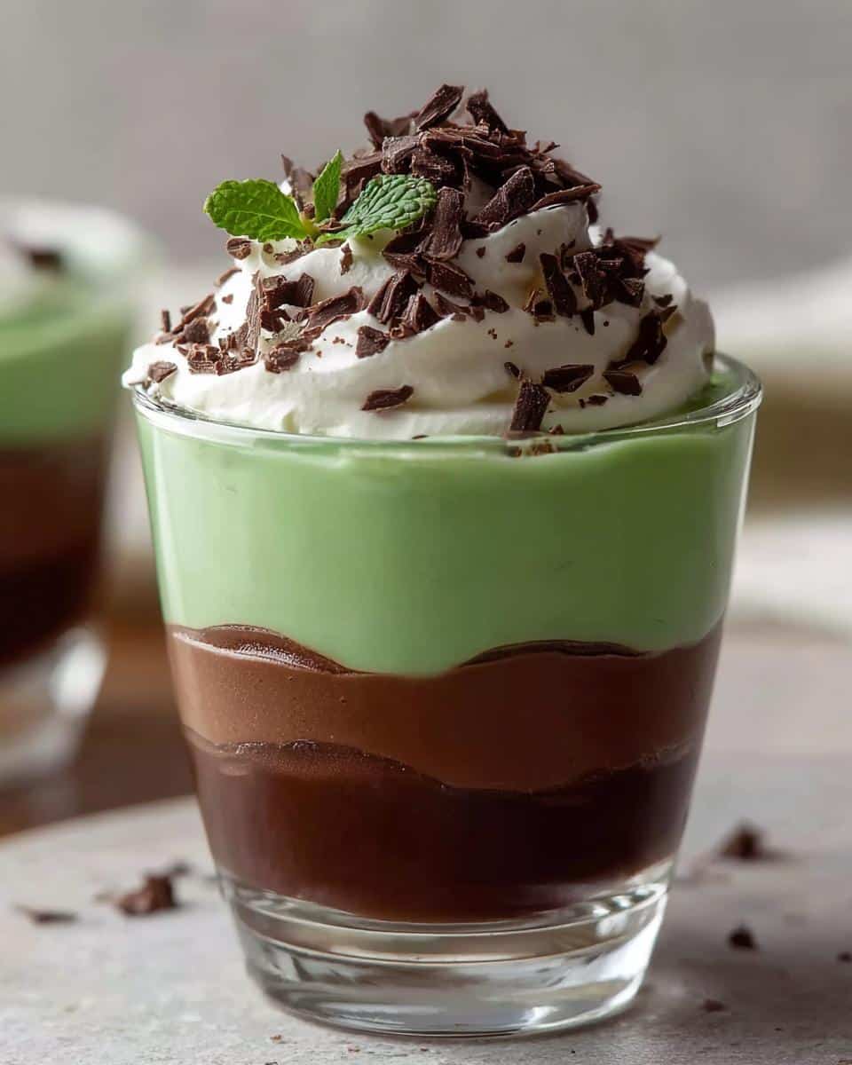Close-up of Shamrock Shake Pudding Cups showing green mint layer, chocolate layers, whipped cream, and chocolate shavings.