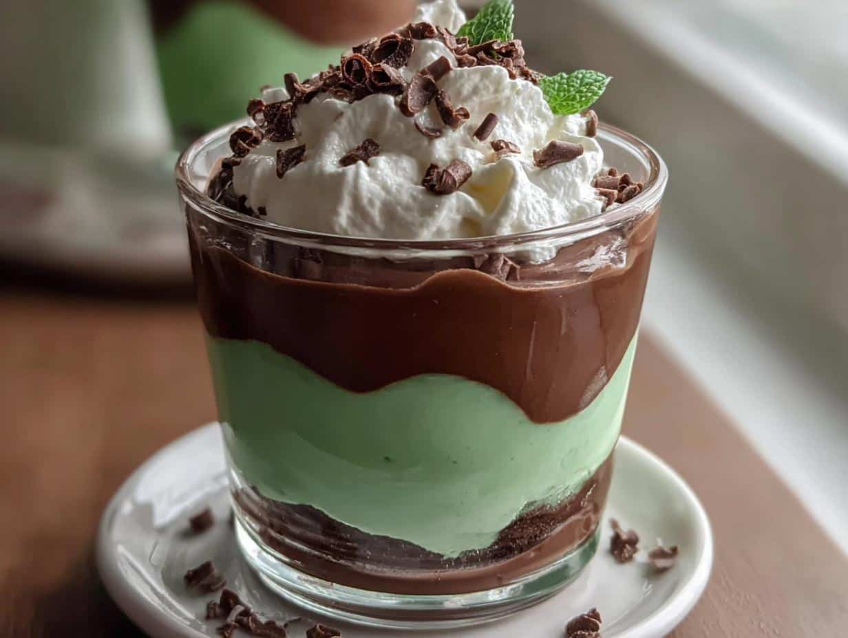 Close-up of a layered Shamrock Shake Pudding Cups dessert featuring mint green pudding, chocolate pudding, and whipped cream topping.