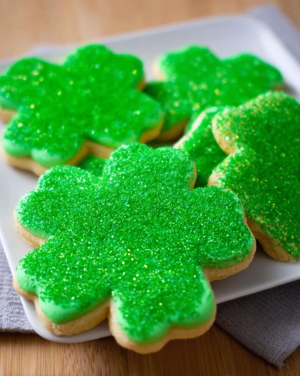 Close-up of several shamrock sugar cookies decorated with bright green icing and sparkling green sprinkles.