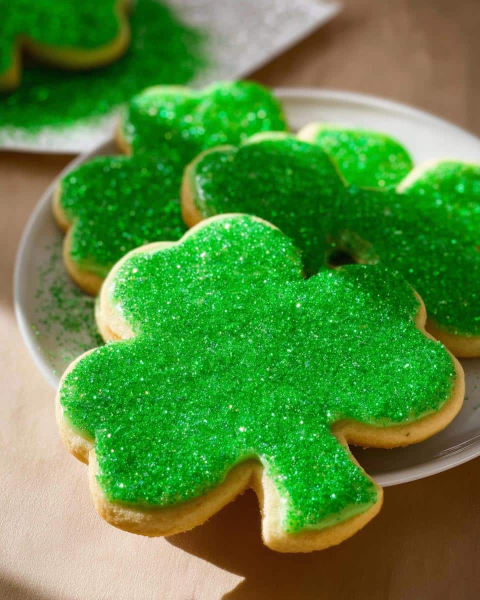 Close-up of several shamrock sugar cookies topped with bright green sparkling sprinkles on a white plate.