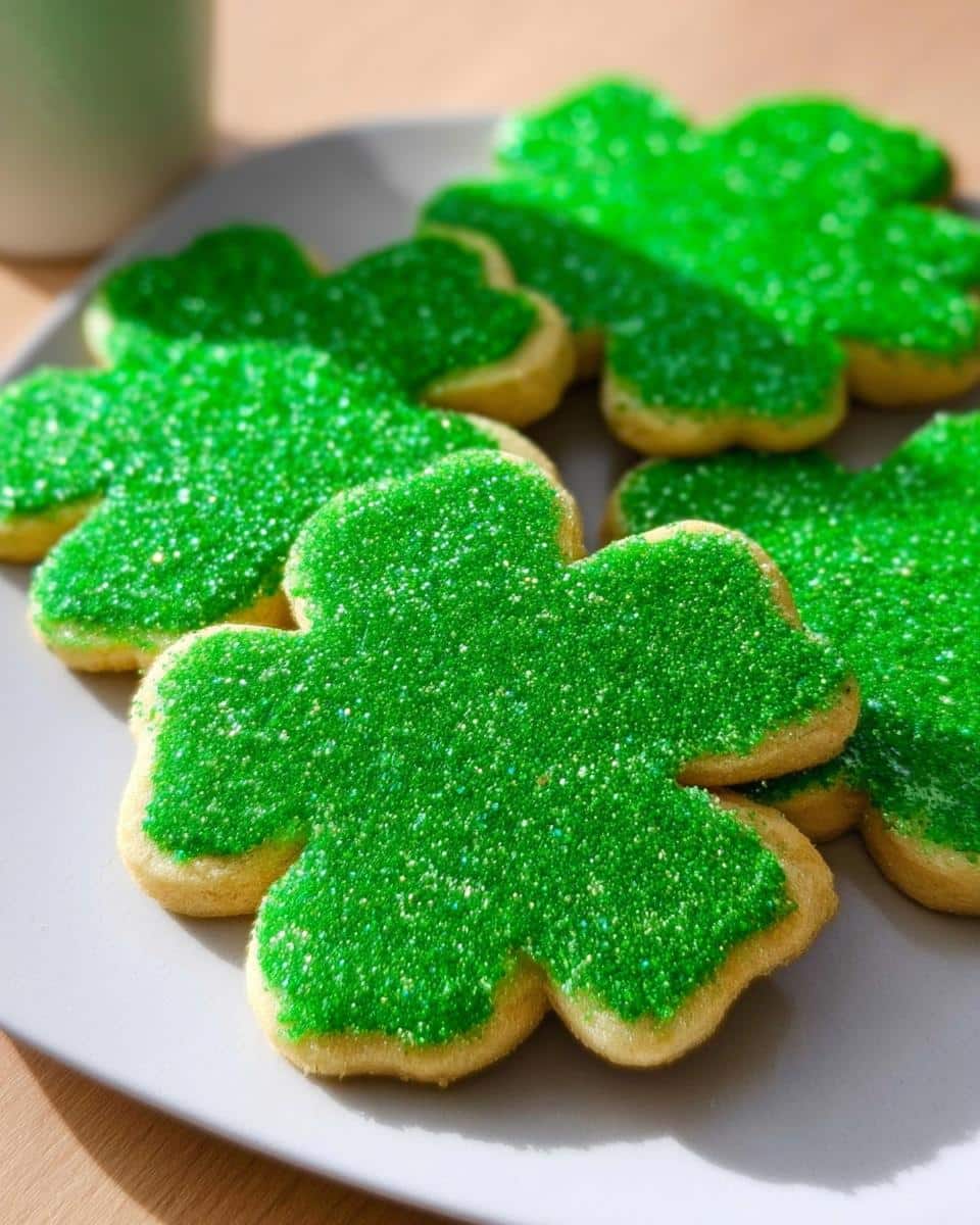 Several clover-shaped Shamrock Sugar Cookies topped with bright green sanding sugar on a light gray plate.