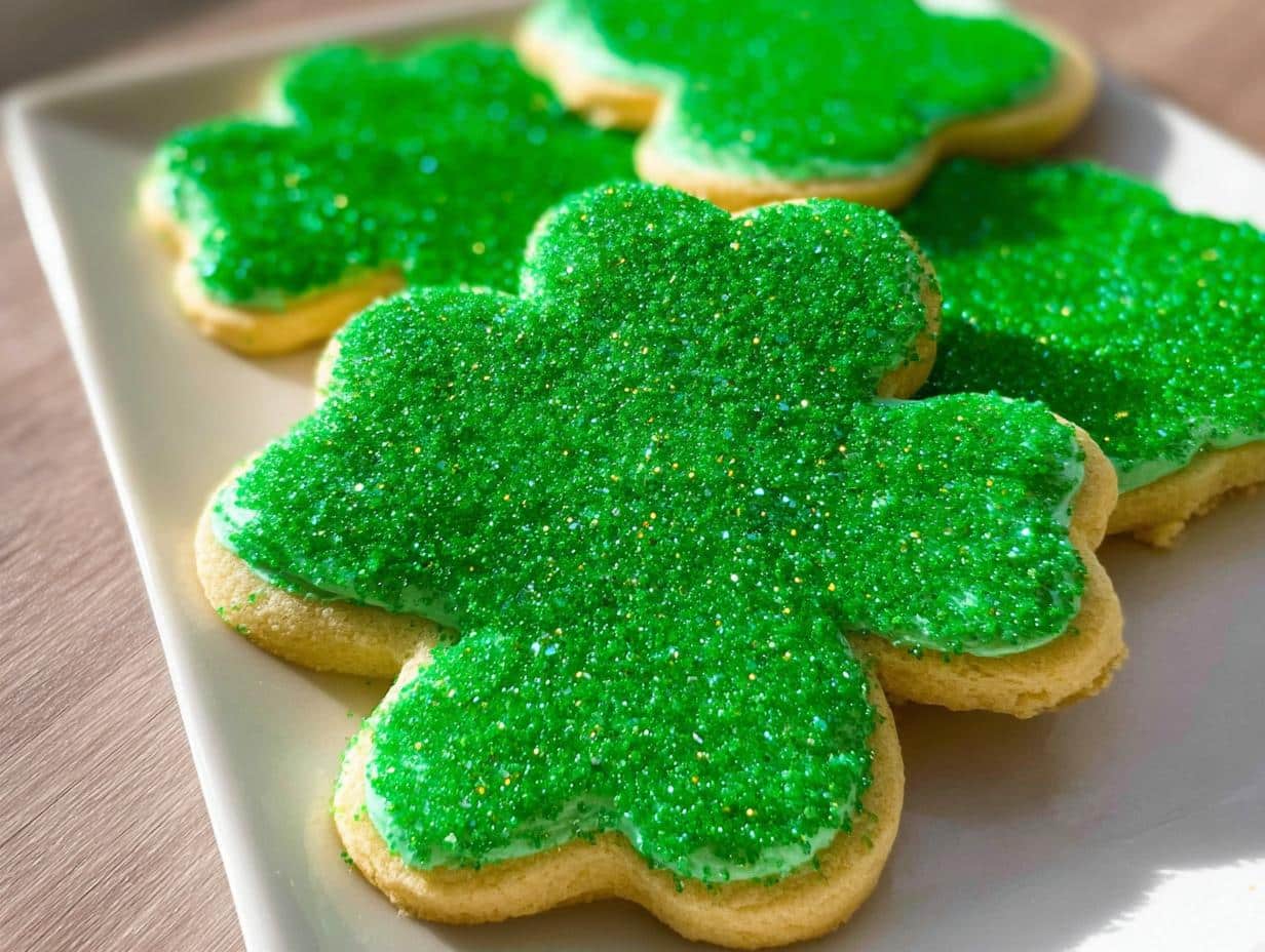 Close-up of several shamrock sugar cookies topped with bright green frosting and sparkling green sprinkles.