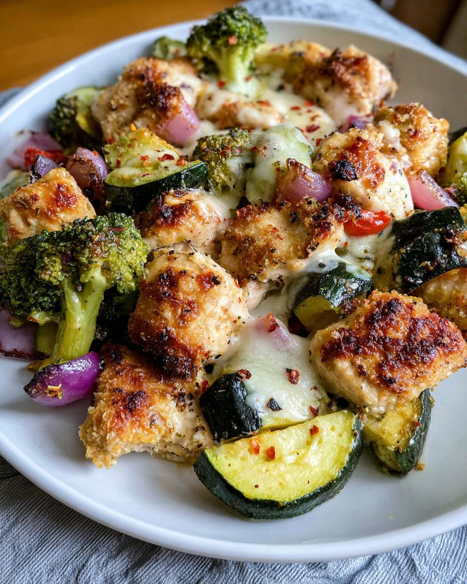 Close-up of cheesy Sheet Pan Chicken and Veggies with broccoli, zucchini, and red onion.