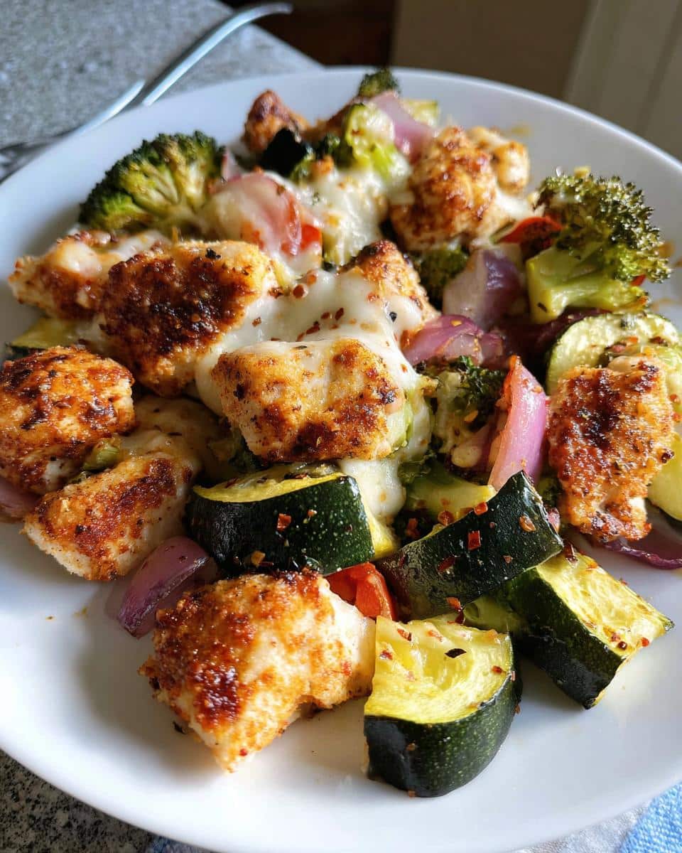 Close-up of Sheet Pan Chicken and Veggies (Low Carb) with melted cheese, zucchini, broccoli, and red onion.