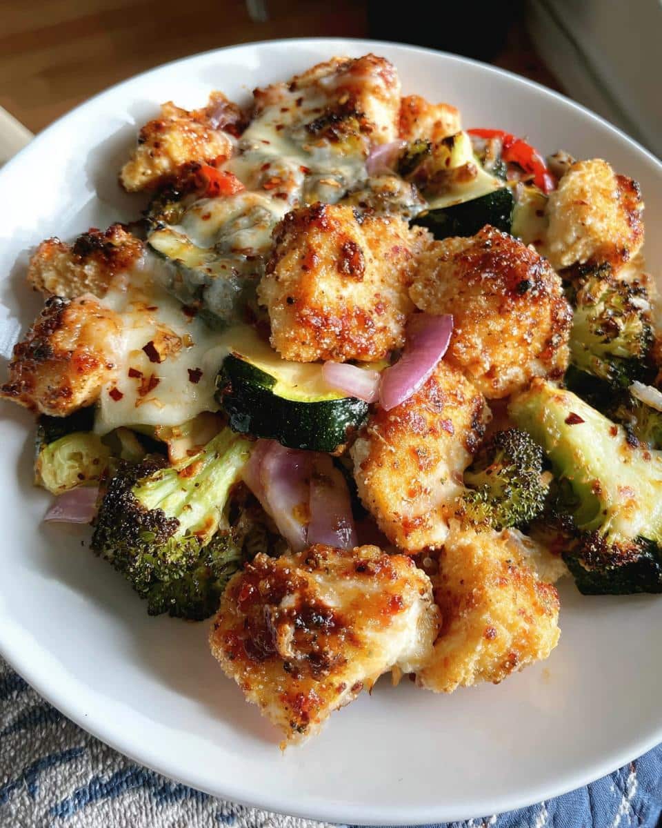 Close-up of cheesy, breaded Sheet Pan Chicken and Veggies with roasted broccoli and zucchini on a white plate.