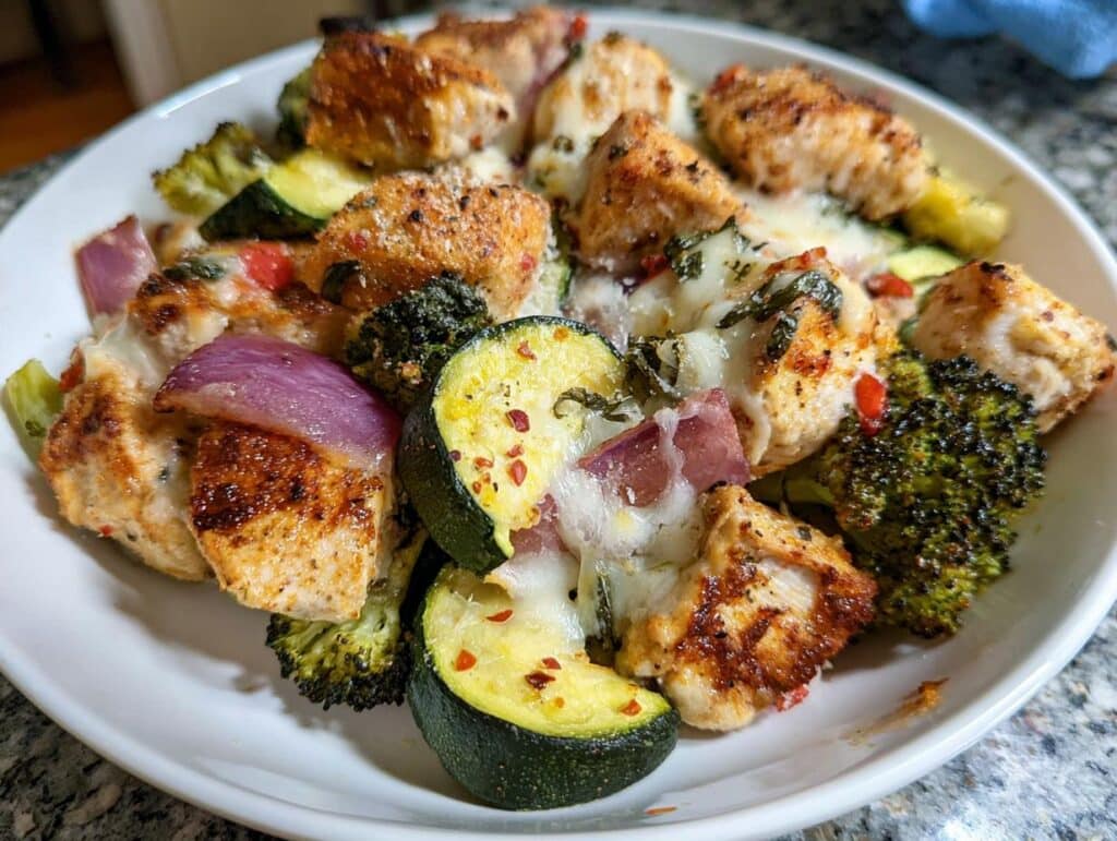 Close-up of Sheet Pan Chicken and Veggies (Low Carb) with melted cheese, zucchini, broccoli, and red onion.