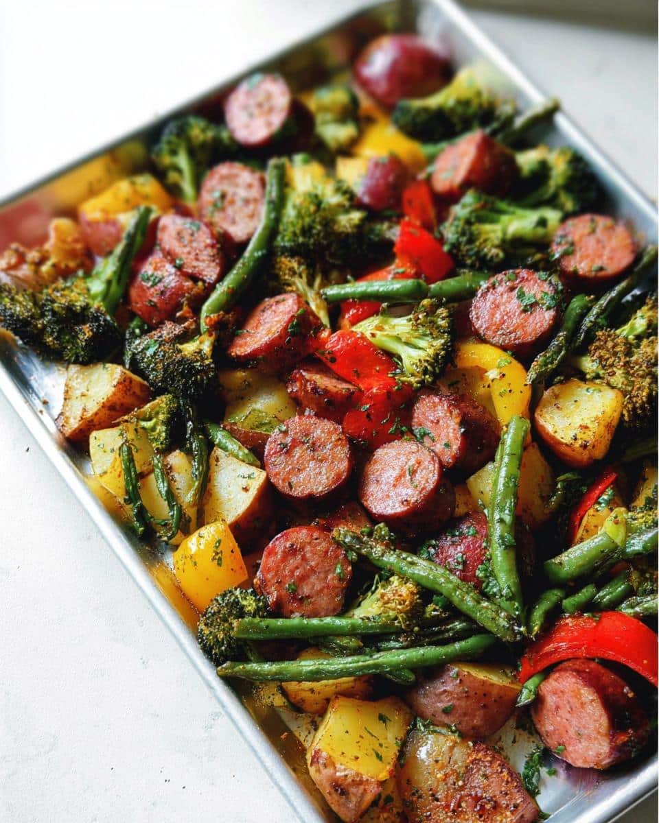 Close-up of roasted Sheet Pan Sausage and Vegetables including potatoes, broccoli, and peppers on a metal tray.