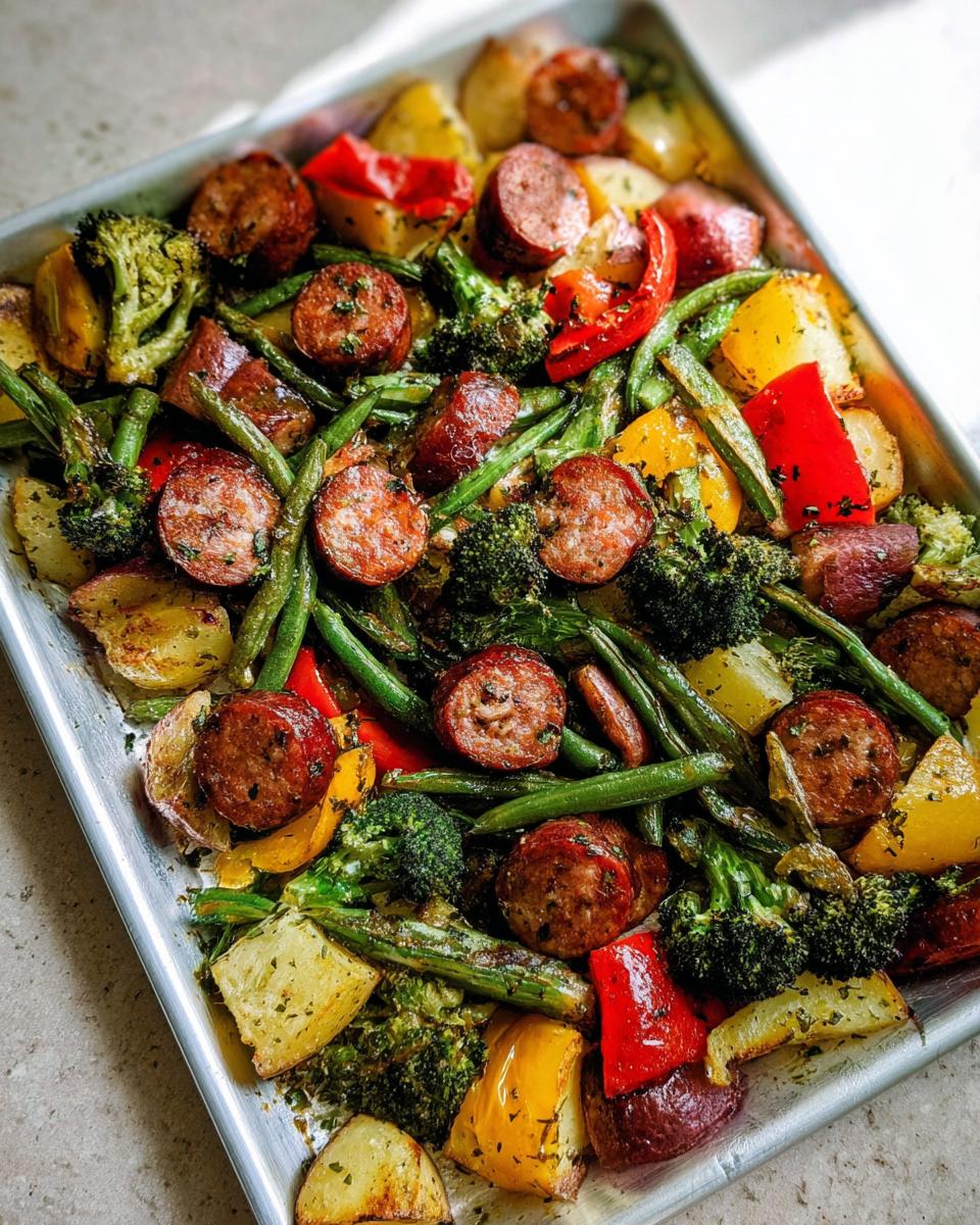 Close-up of Sheet Pan Sausage and Vegetables including smoked sausage, potatoes, broccoli, and peppers on a baking tray.
