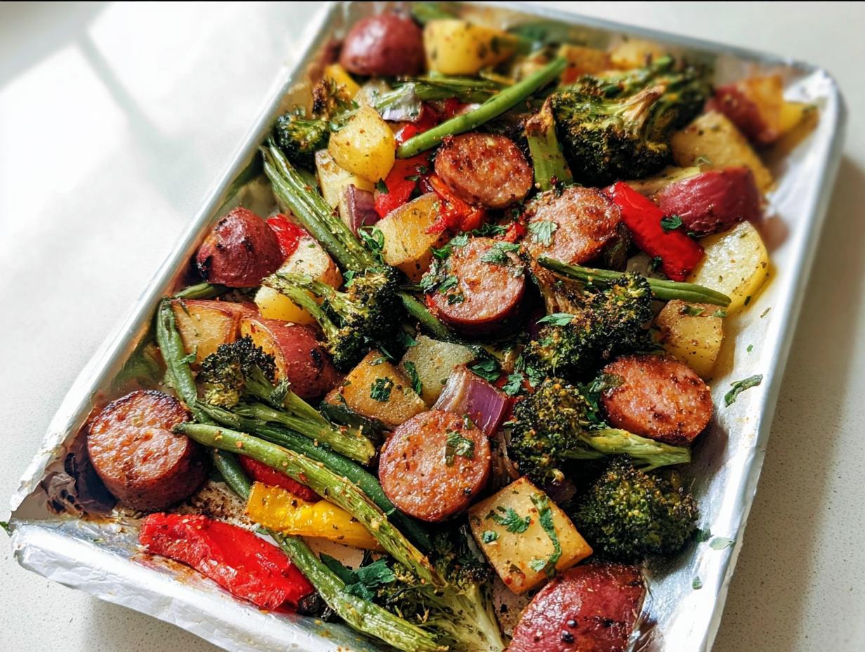 Close-up of Sheet Pan Sausage and Vegetables featuring sausage slices, potatoes, broccoli, and peppers on foil.