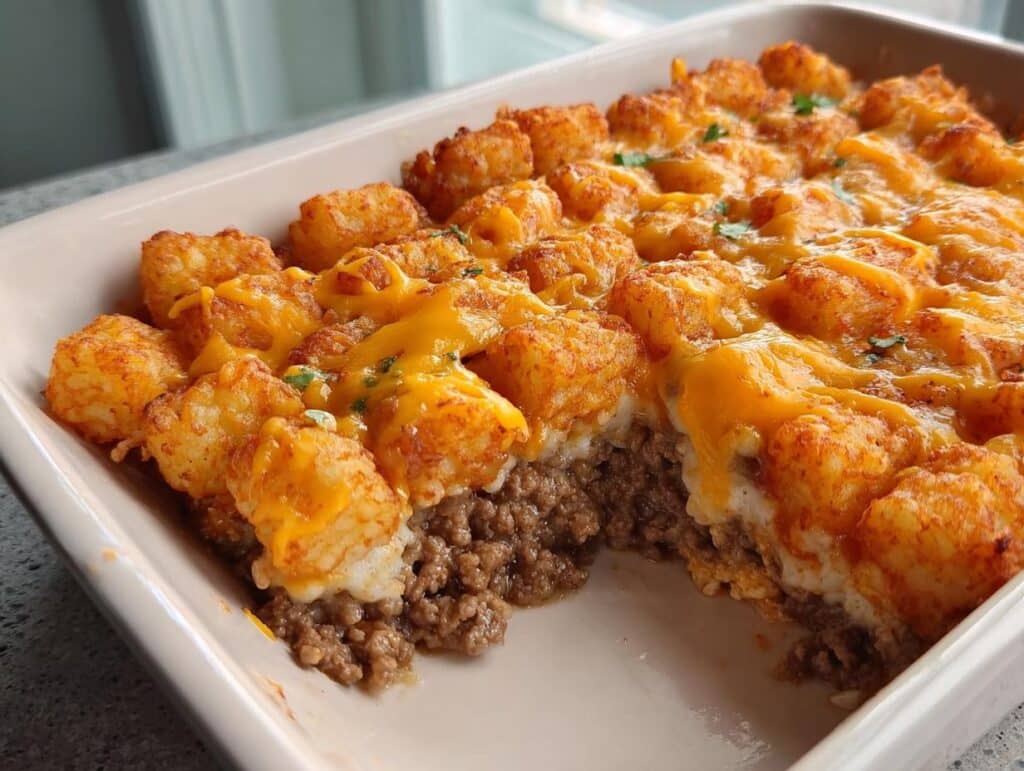 A close-up view of a Simple and Delicious Tater Tot Casserole with a crispy tater tot topping and melted cheddar cheese.