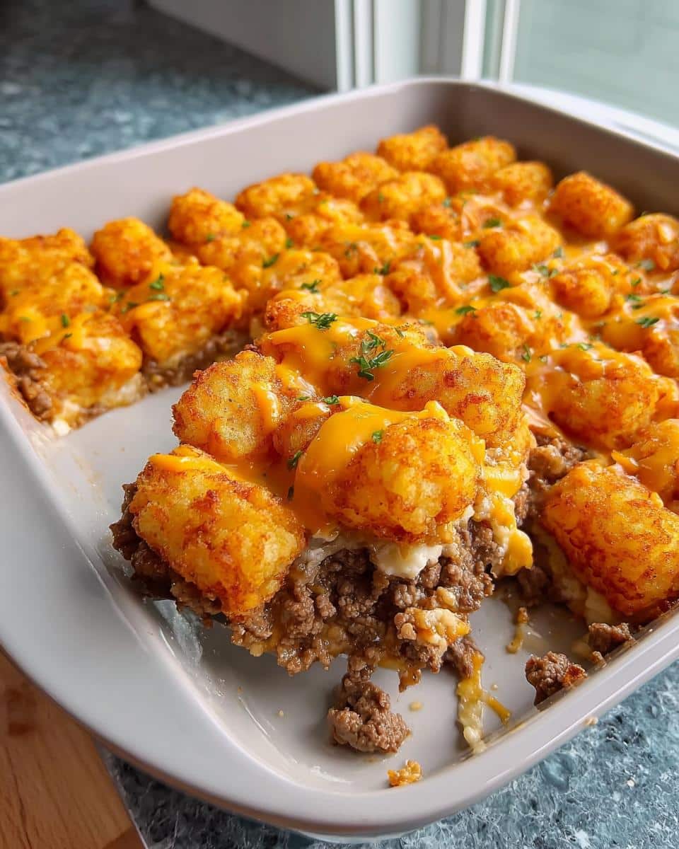 A serving spoon lifts a portion of Simple and Delicious Tater Tot Casserole showing crispy tots, ground beef, and melted cheddar cheese.