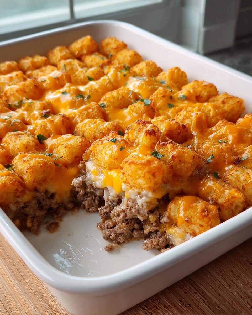A close-up of Simple and Delicious Tater Tot Casserole with a scoop removed, showing ground meat and melted cheddar cheese.