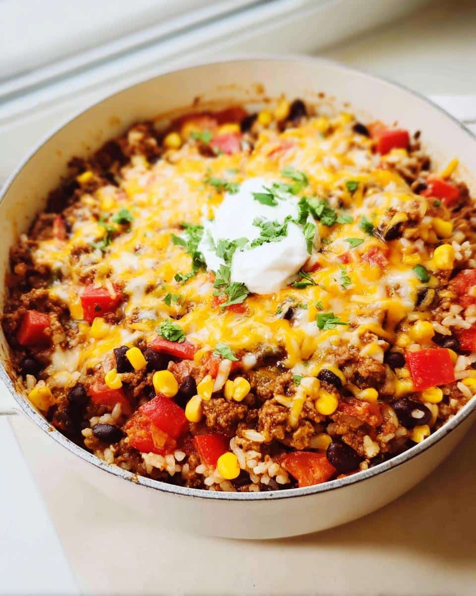 A close-up of Simple Homemade Burrito Bowls in a white skillet, topped with melted cheese, sour cream, and cilantro.