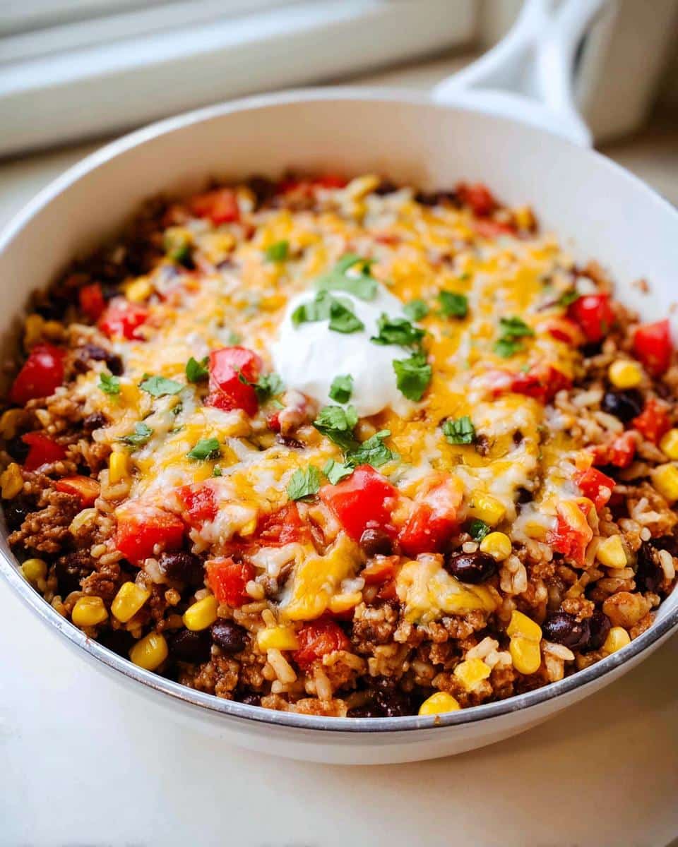 Close-up of Simple Homemade Burrito Bowls in a white skillet, topped with melted cheese, sour cream, and cilantro.
