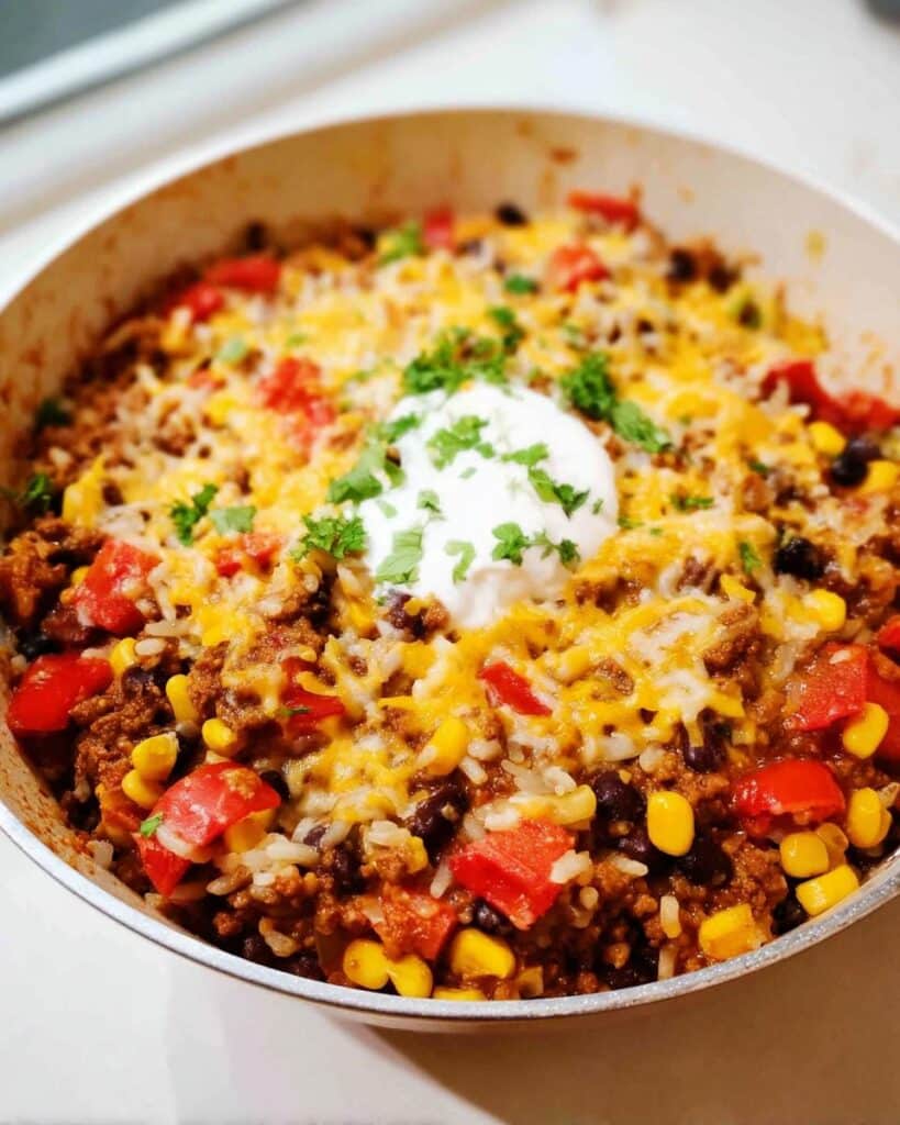 Close-up of Simple Homemade Burrito Bowls ingredients mixed in a skillet, topped with melted cheese, sour cream, and cilantro.