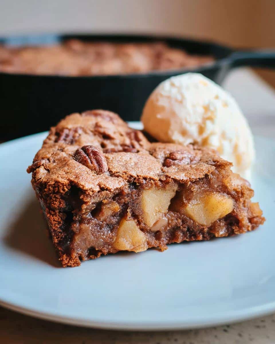 A close-up of a warm slice of Skillet Apple Brownie topped with pecans, served with vanilla ice cream.