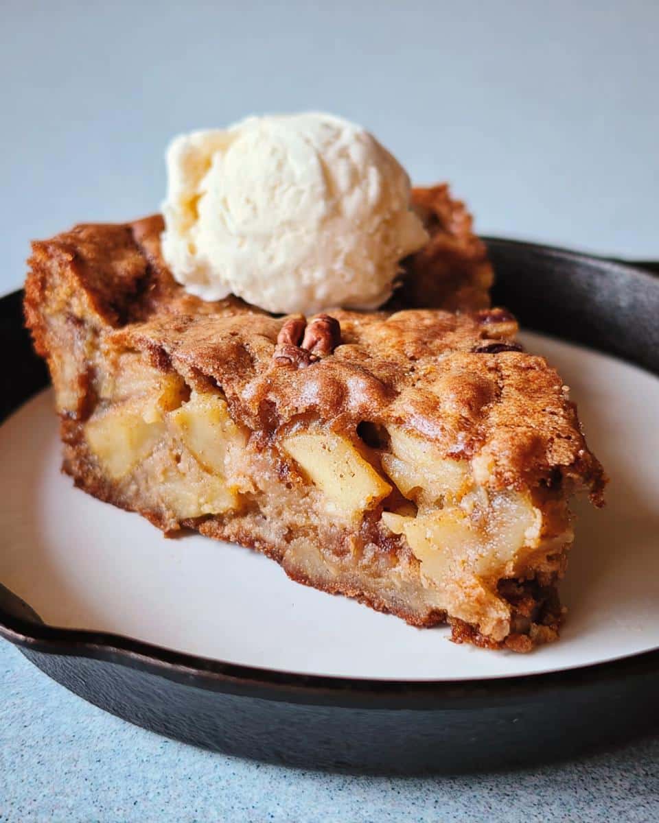 A generous slice of Skillet Apple Brownie topped with vanilla ice cream and a pecan.