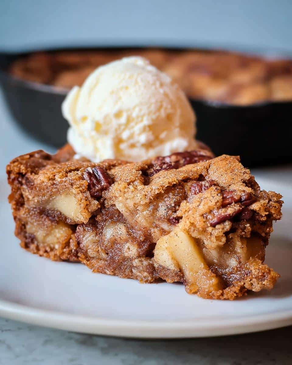 A warm slice of Skillet Apple Brownie topped with vanilla ice cream and pecans.