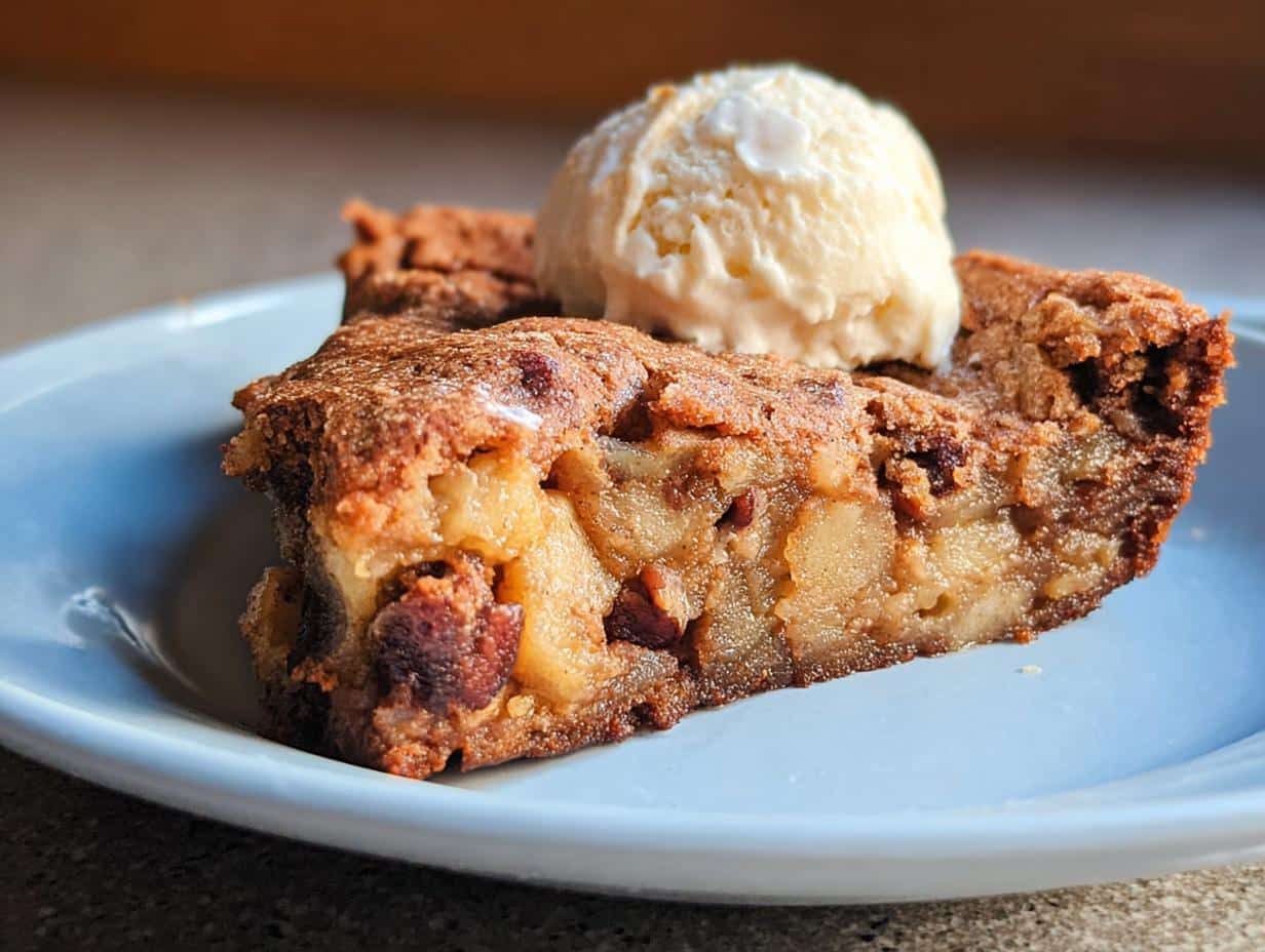 Close-up of a warm slice of Skillet Apple Brownie loaded with apples and nuts, topped with vanilla ice cream.