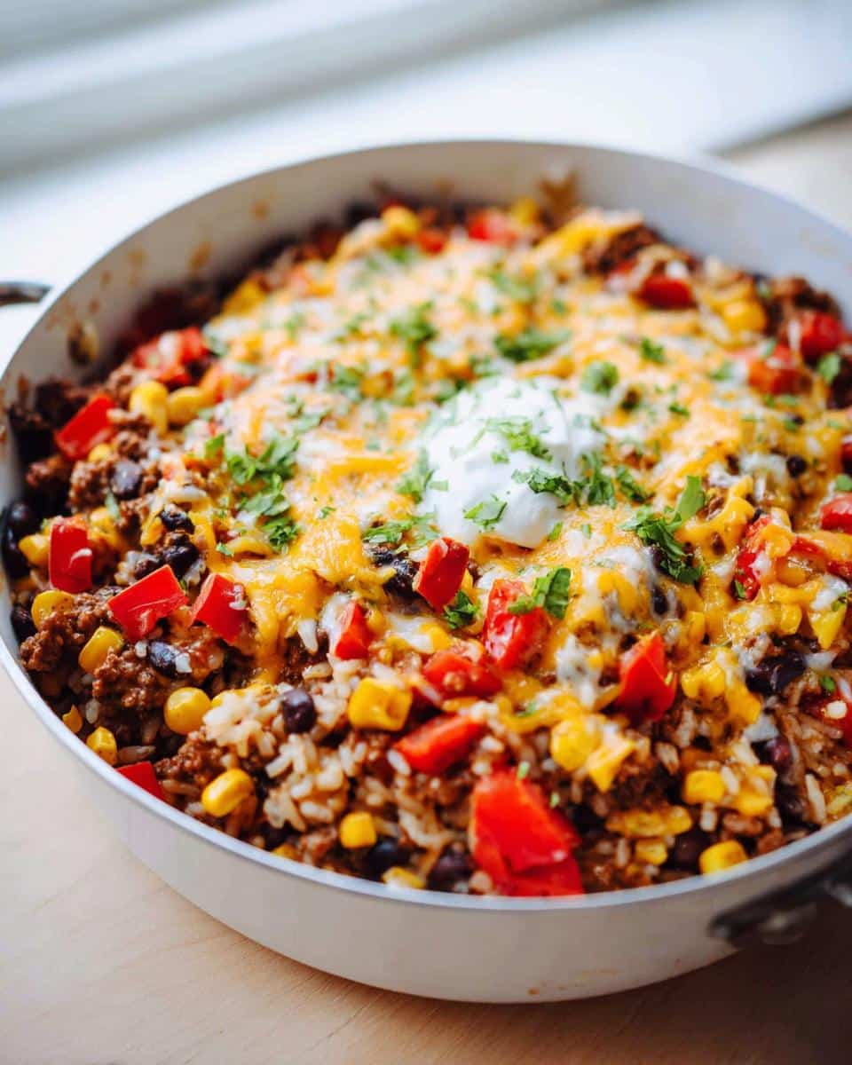A white skillet filled with Simple Homemade Burrito Bowls ingredients, including rice, ground meat, corn, beans, melted cheese, and sour cream.