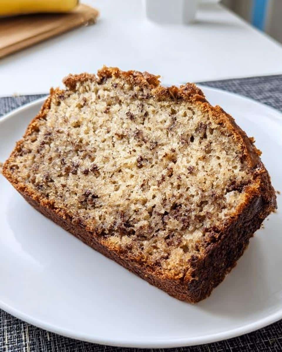 Close-up of a moist slice of Banana Bread With Yogurt, showing chocolate chips throughout the crumb.