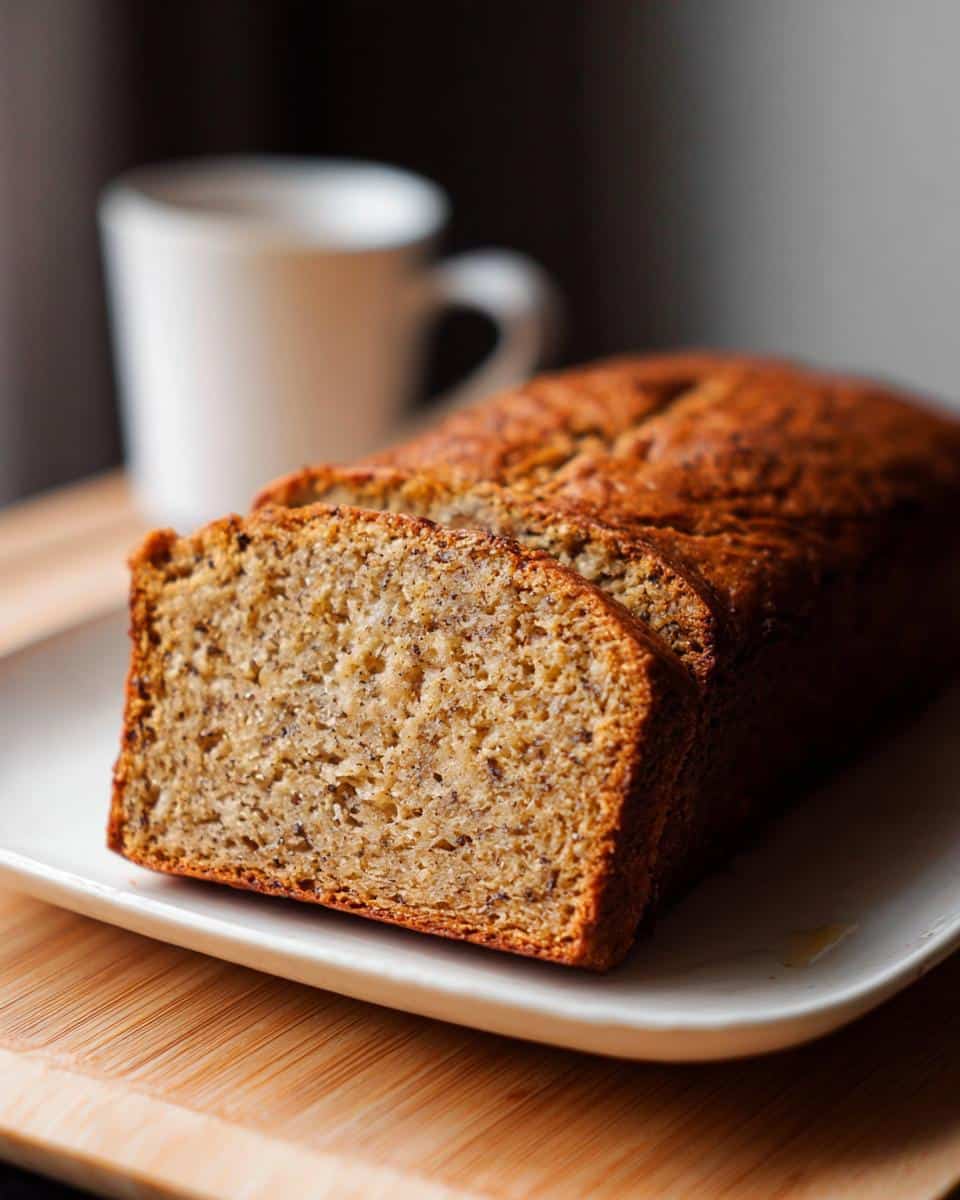 Close-up of sliced Banana Bread with No Eggs on a white plate, with a white mug blurred in the background.