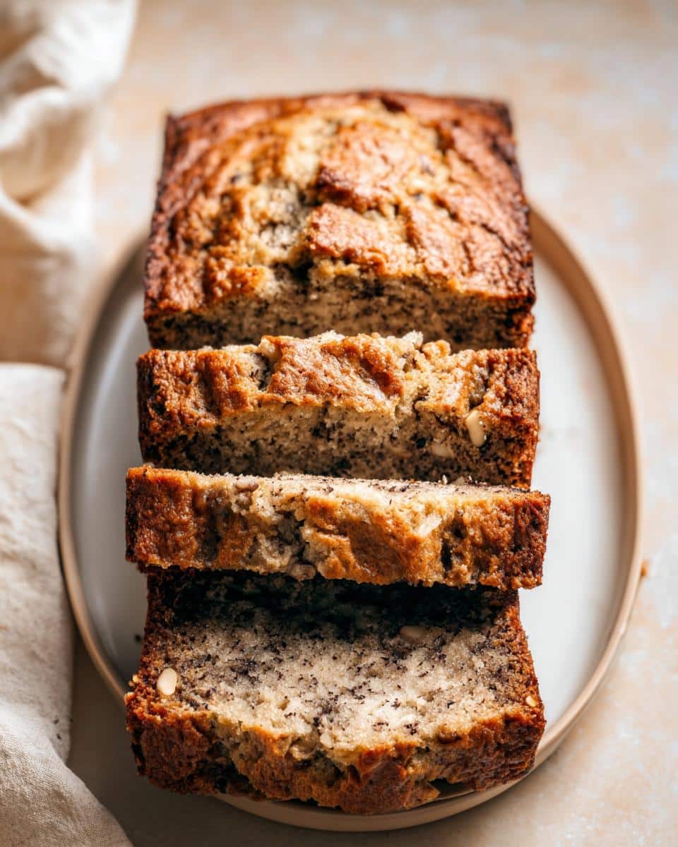 Three thick slices cut from a loaf of Best Ever Banana Bread (No Eggs or Dairy) on a light platter.