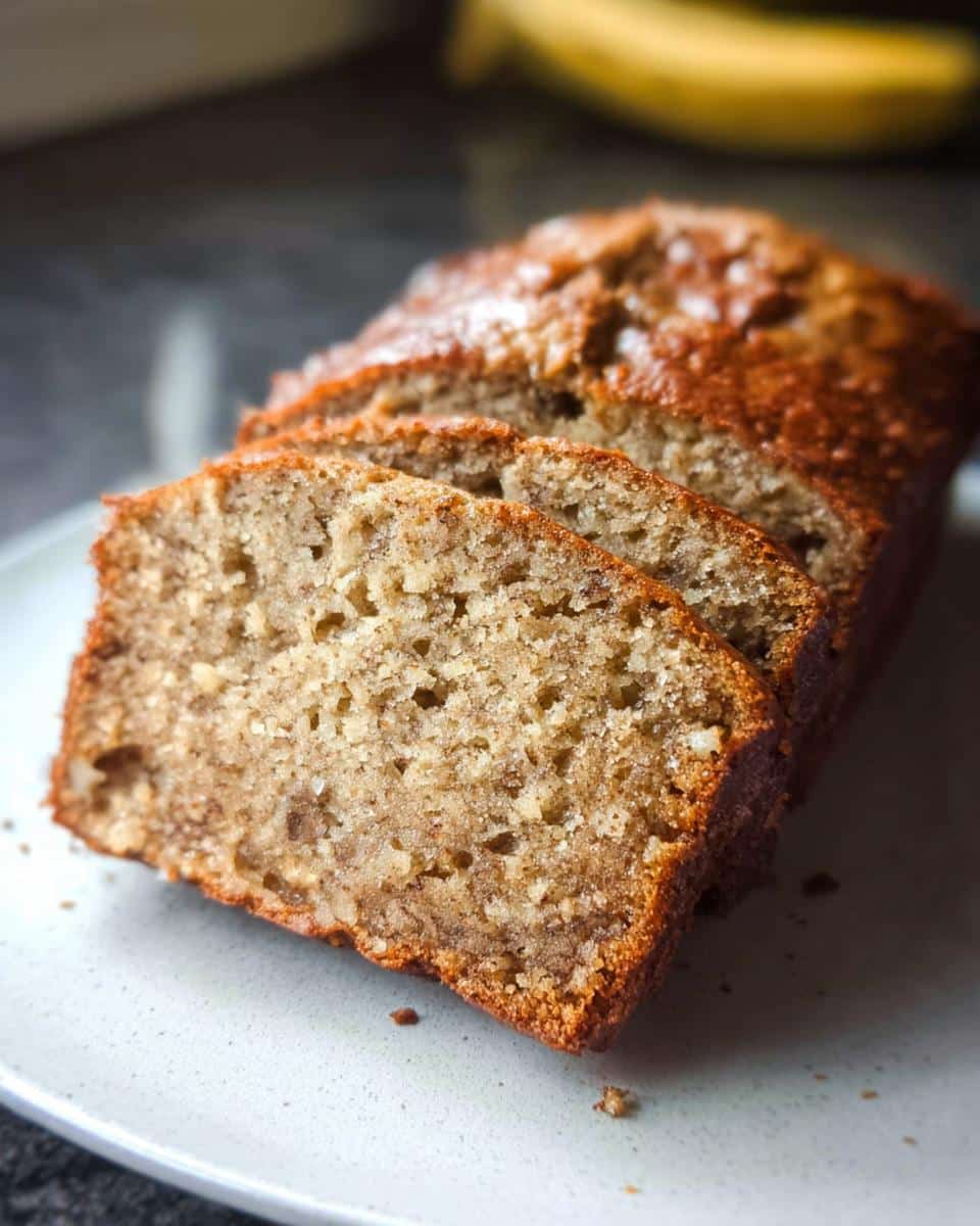 Close-up of three slices of moist Low Sugar Banana Bread resting on a light gray plate.