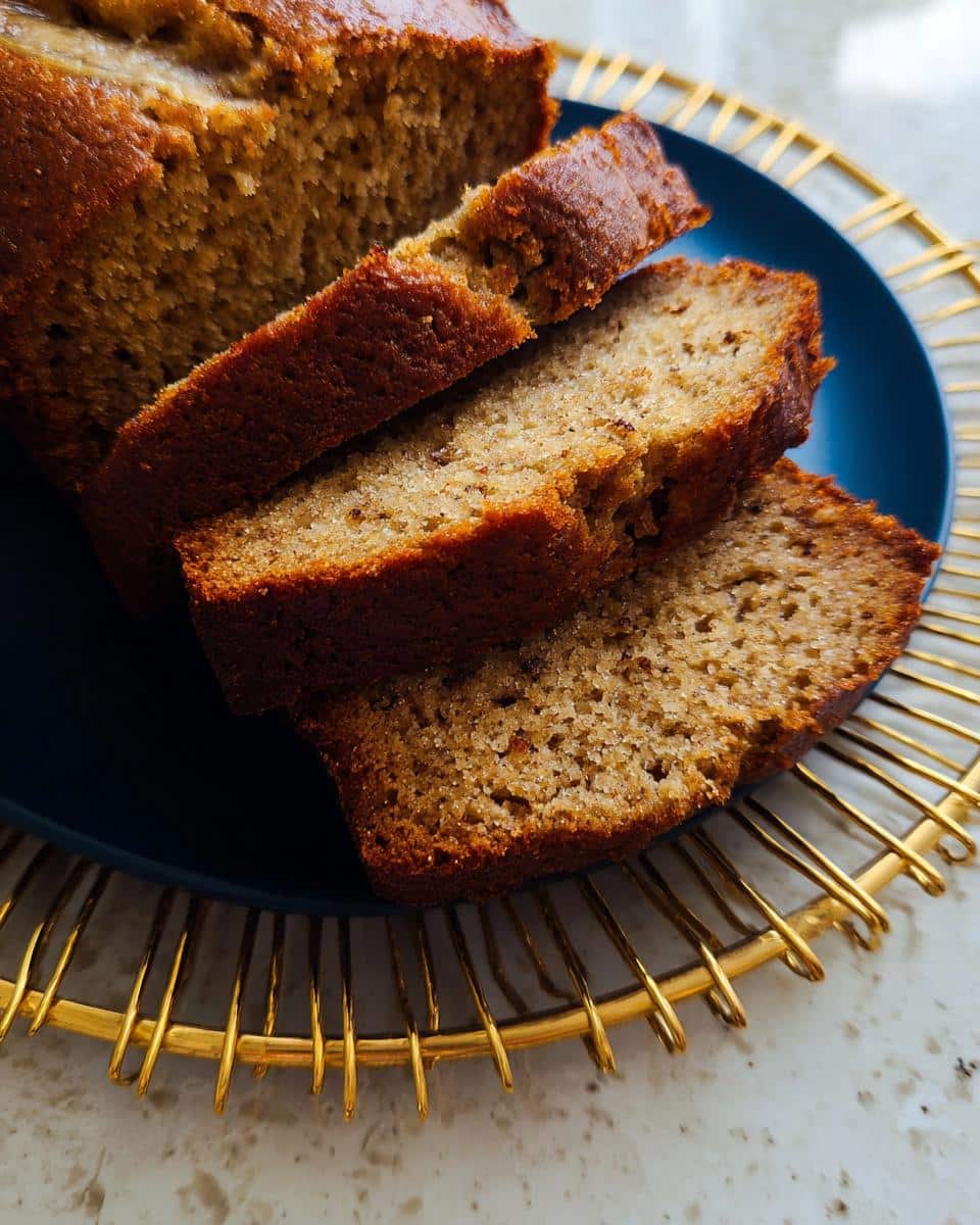 Close-up of moist slices of Vegan Banana Bread Without Butter, served on a dark blue plate with a gold decorative edge.