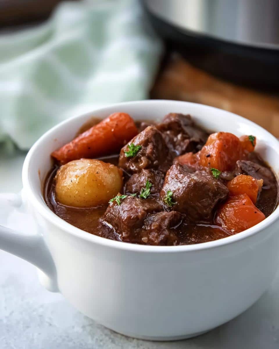 Close-up of a white mug filled with rich Slow Cooker Stew featuring tender beef chunks, carrots, and a potato.