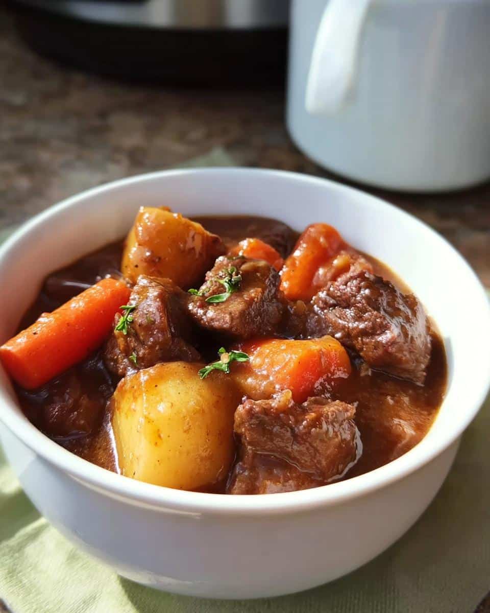 Close-up of a white bowl filled with rich Slow Cooker Stew featuring tender beef chunks, potatoes, and carrots.