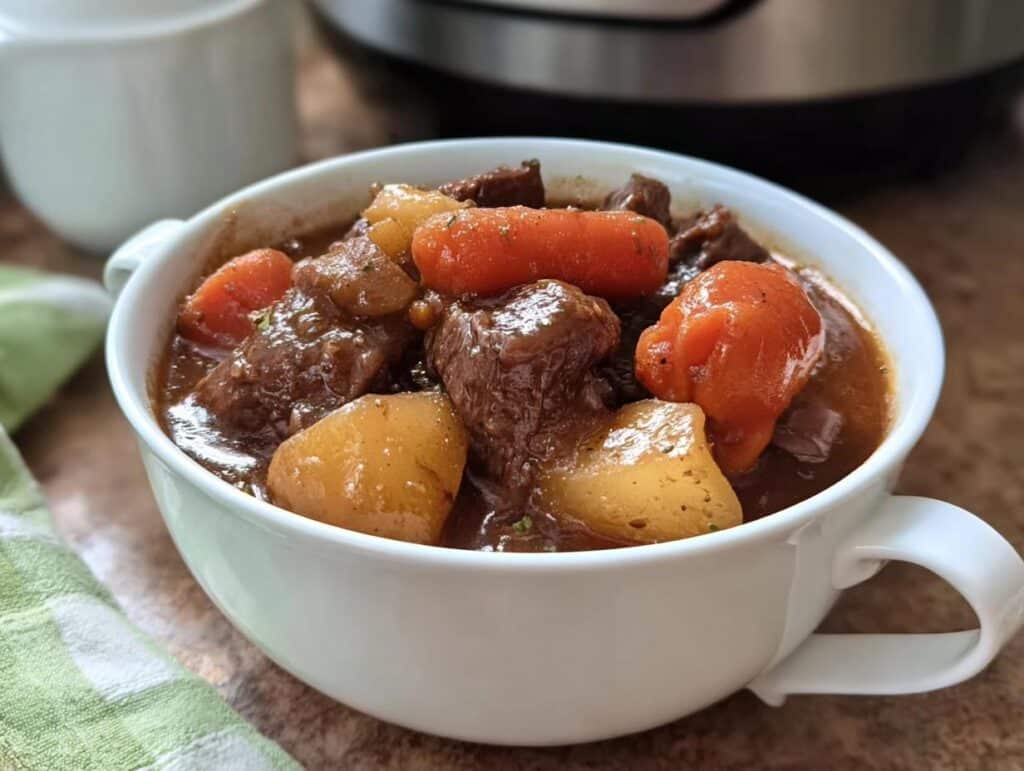 A close-up of a white bowl filled with rich Slow Cooker Stew featuring chunks of beef, potatoes, and carrots.