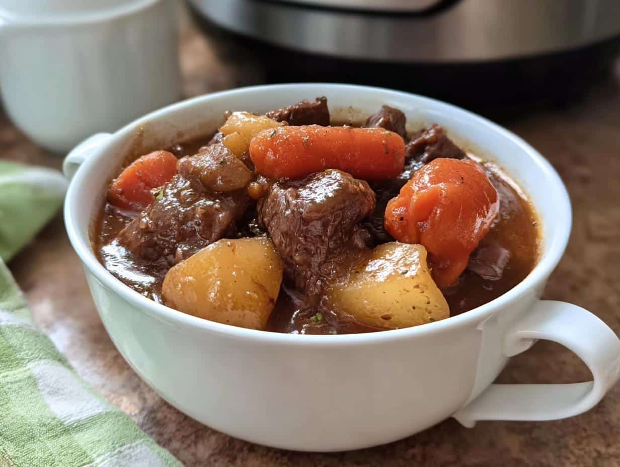 A close-up of a white bowl filled with rich Slow Cooker Stew featuring chunks of beef, potatoes, and carrots.