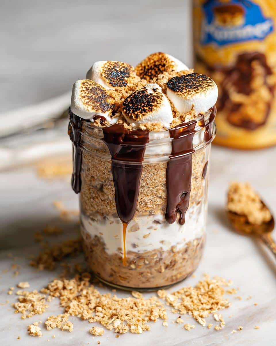 A jar filled with layered S’mores Overnight Oats topped with toasted marshmallows and dripping chocolate sauce.
