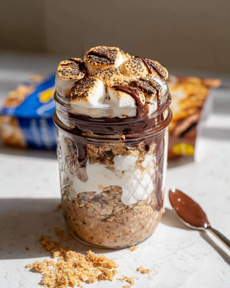 A close-up of S’mores Overnight Oats layered in a mason jar, topped with toasted marshmallows and chocolate drizzle.