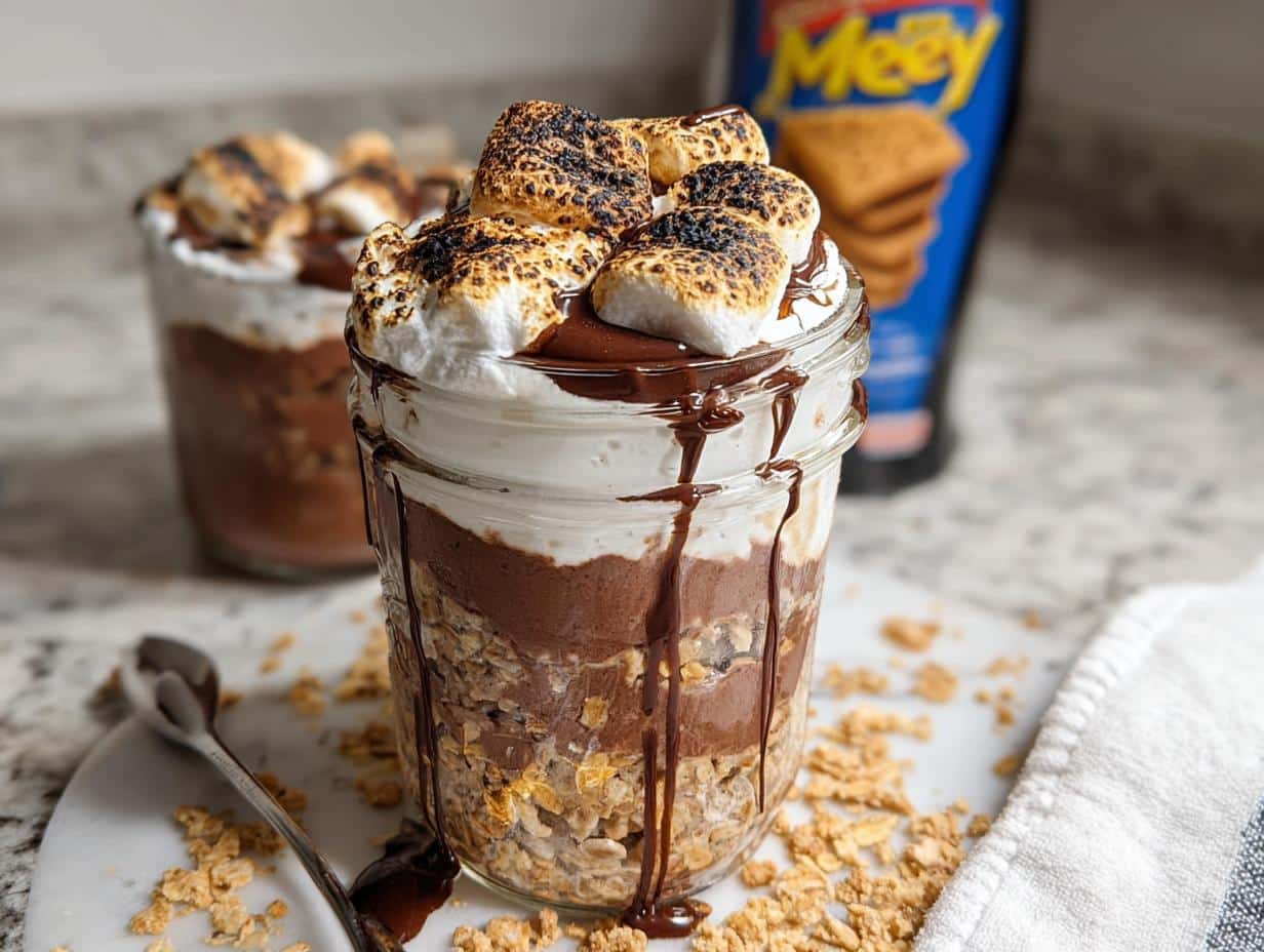 Close-up of S’mores Overnight Oats layered in a mason jar, topped with toasted marshmallows and chocolate drizzle.
