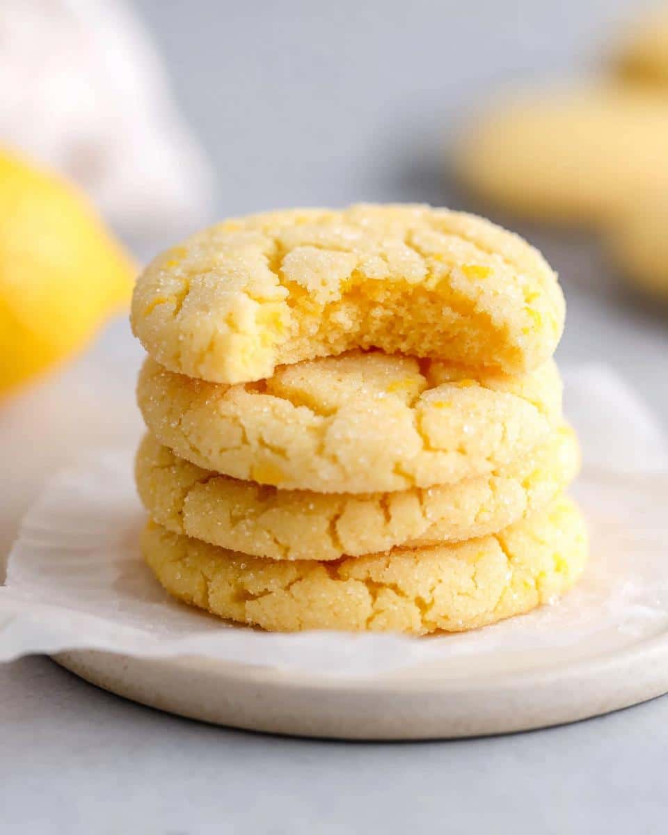 A stack of three soft and chewy Lemon Sugar Cookies, with the top cookie having a bite taken out, showing the interior texture.