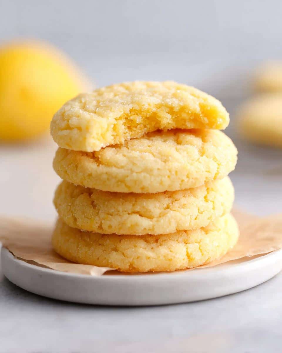 A stack of four soft and chewy Lemon Sugar Cookies, with the top cookie having a bite taken out.
