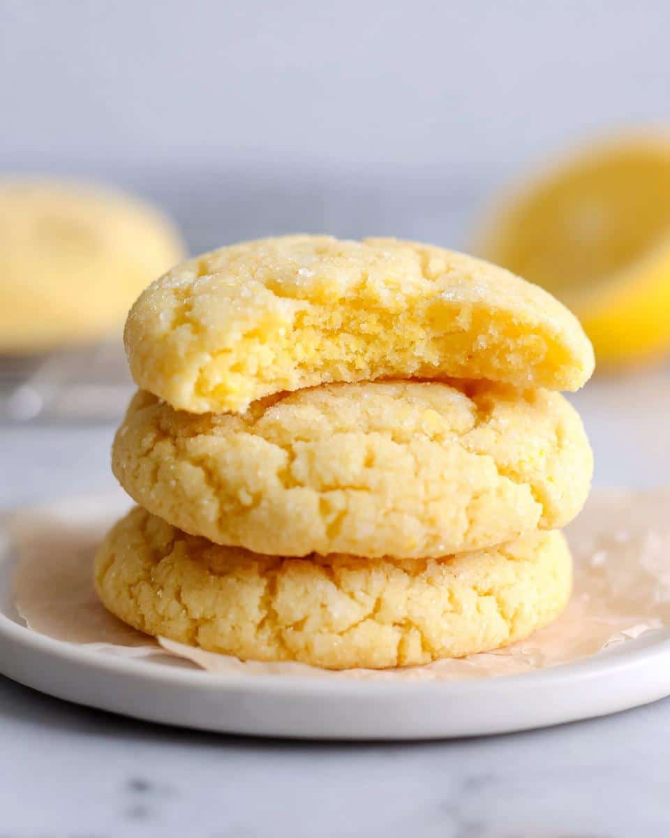 A stack of three soft and chewy Lemon Sugar Cookies, with the top one bitten to show the texture.